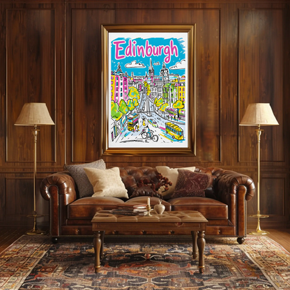 Edinburgh Scotland Colorful Cityscape Street View Travel Poster