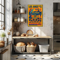 The poster is a vibrant tribute to Los Angeles, specifically highlighting Hollywood as Travel Poster