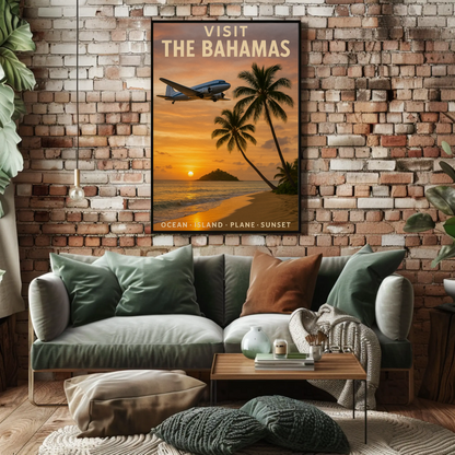 Visit The Bahamas Ocean Island Plane Sunset Travel Poster