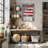 wooden barn door with faded American flag Poster