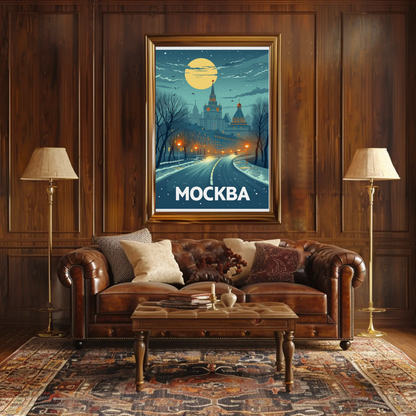 Moscow Russia Winter Night Skyline Travel Poster