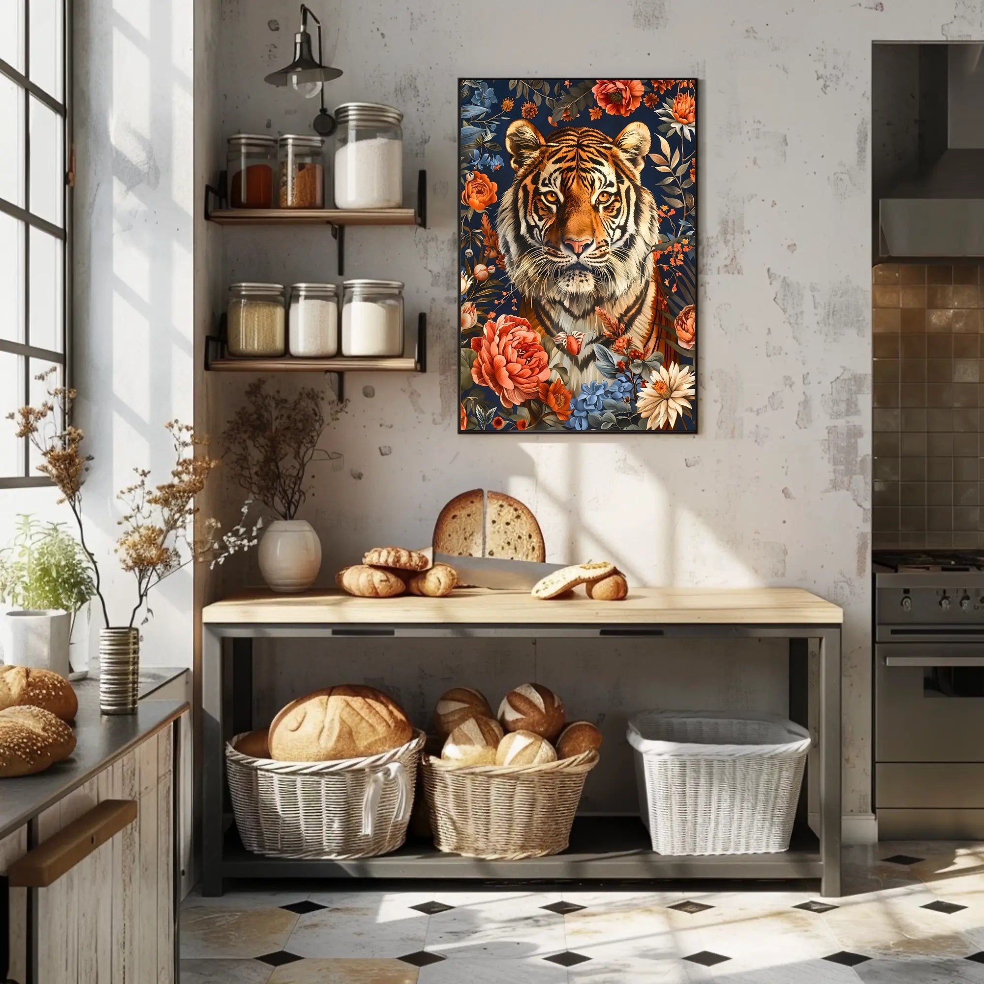Majestic Tiger Wall Art Amidst Blossoms