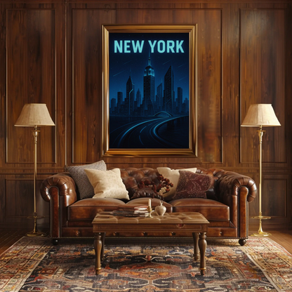 New York Night Skyline Futuristic Glow Blue Travel Poster