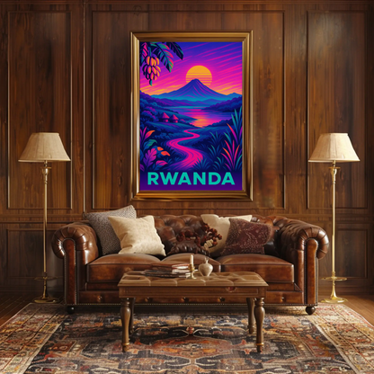 Rwanda Neon Night Valley Sunset Travel Poster