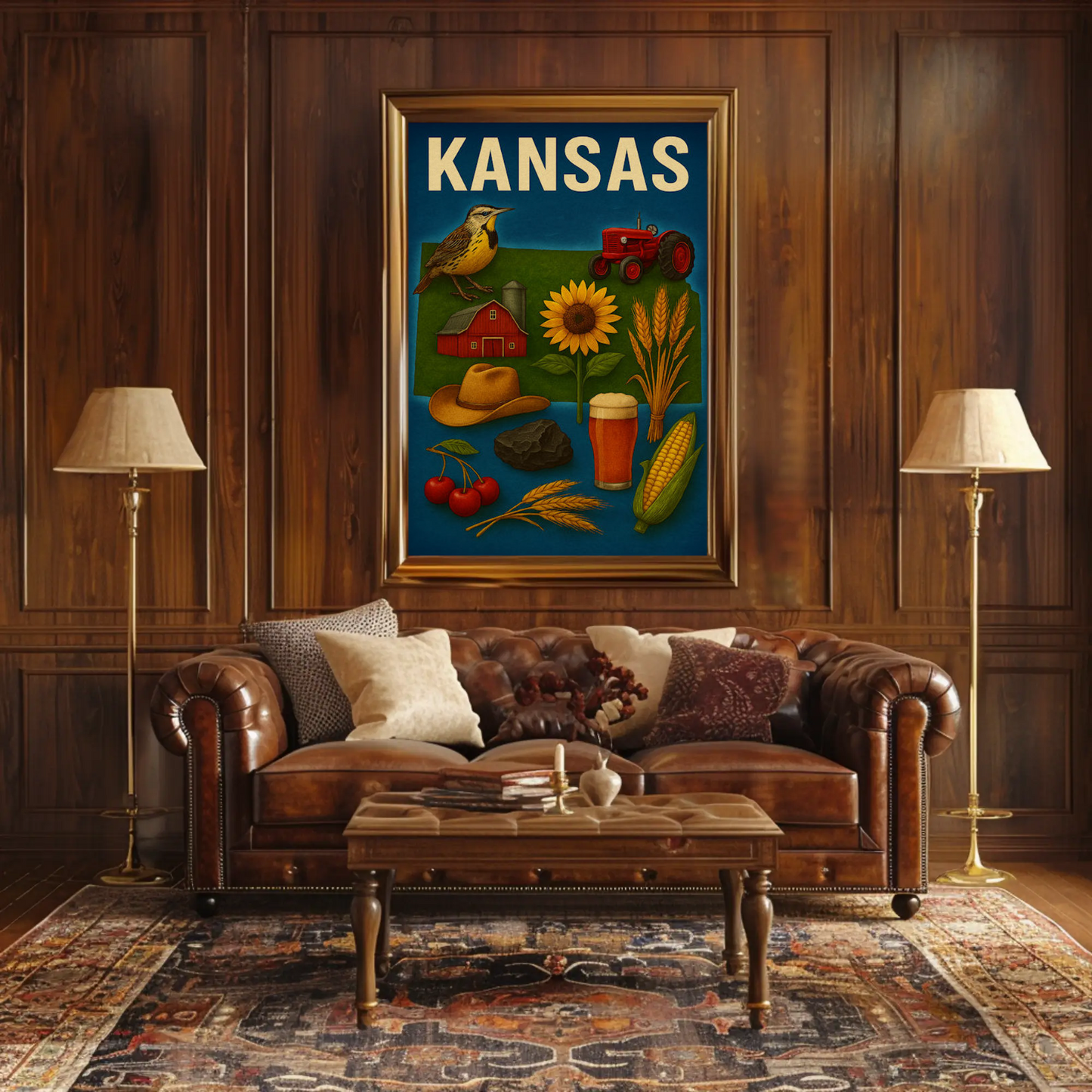 Kansas State Symbols Agriculture Sunflower Tractor Poster Poster