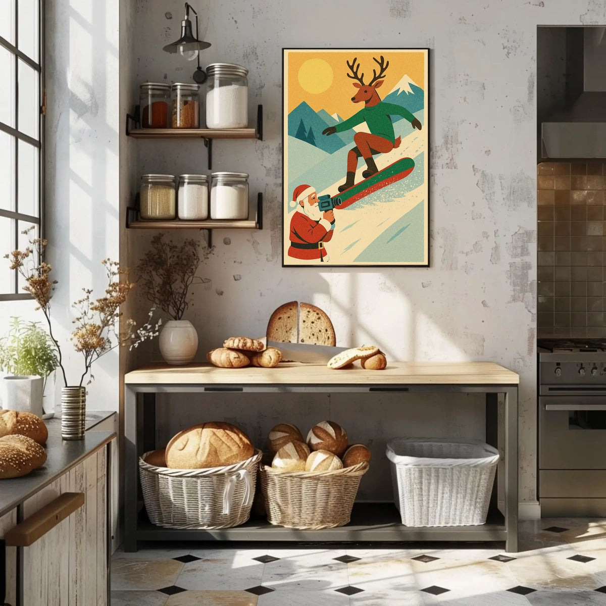 Reindeer Snowboarding Vintage Winter Adventure Poster