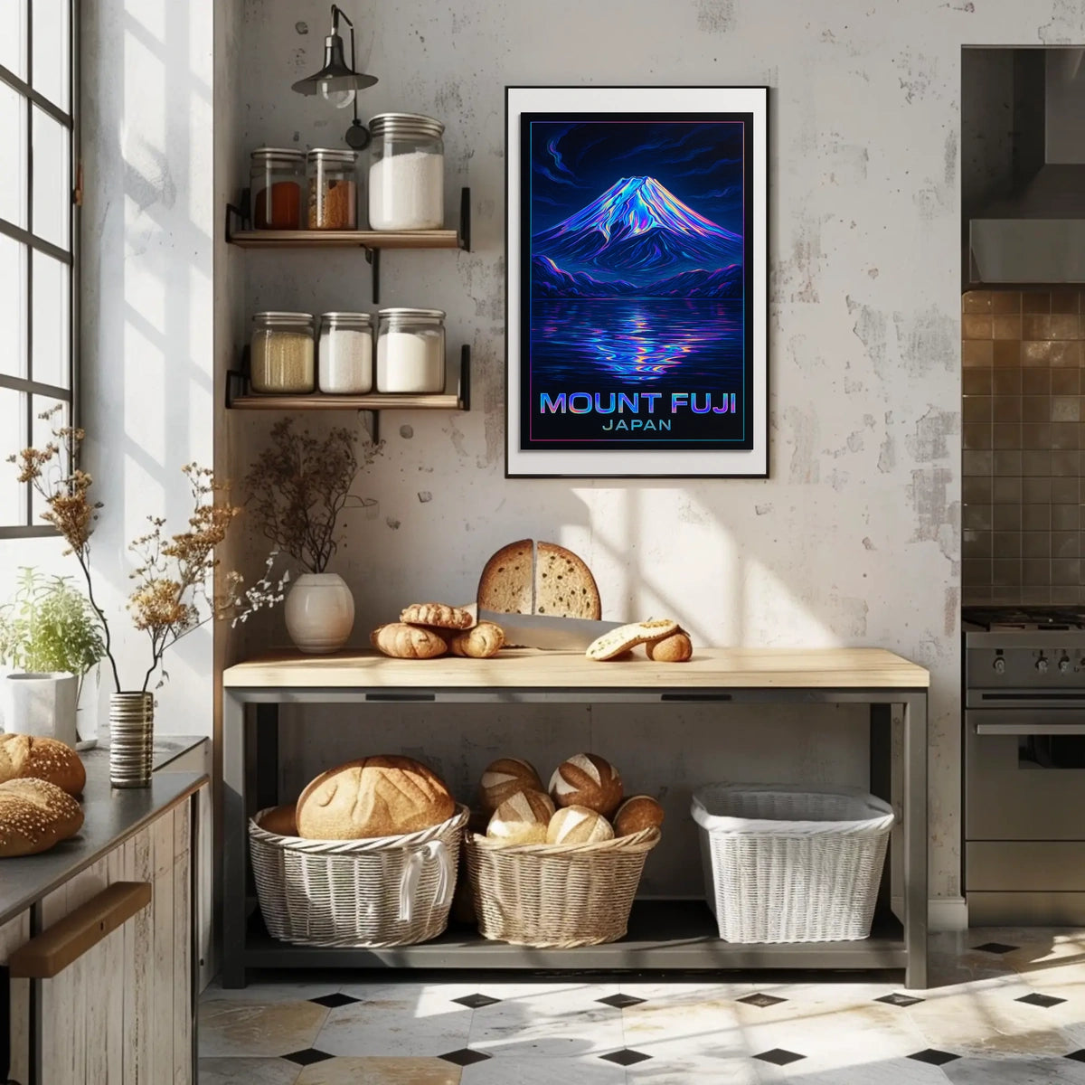 Mount Fuji Neon Reflections Iridescent Futuristic SciFi Vaporwave Dreamscape Poster
