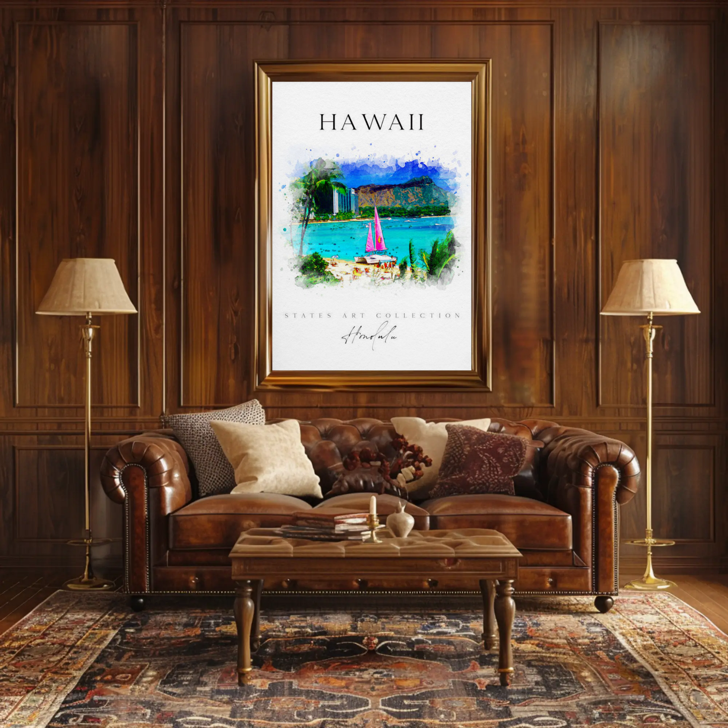 Hawaii Honolulu Sailboat Watercolor Skyline Poster