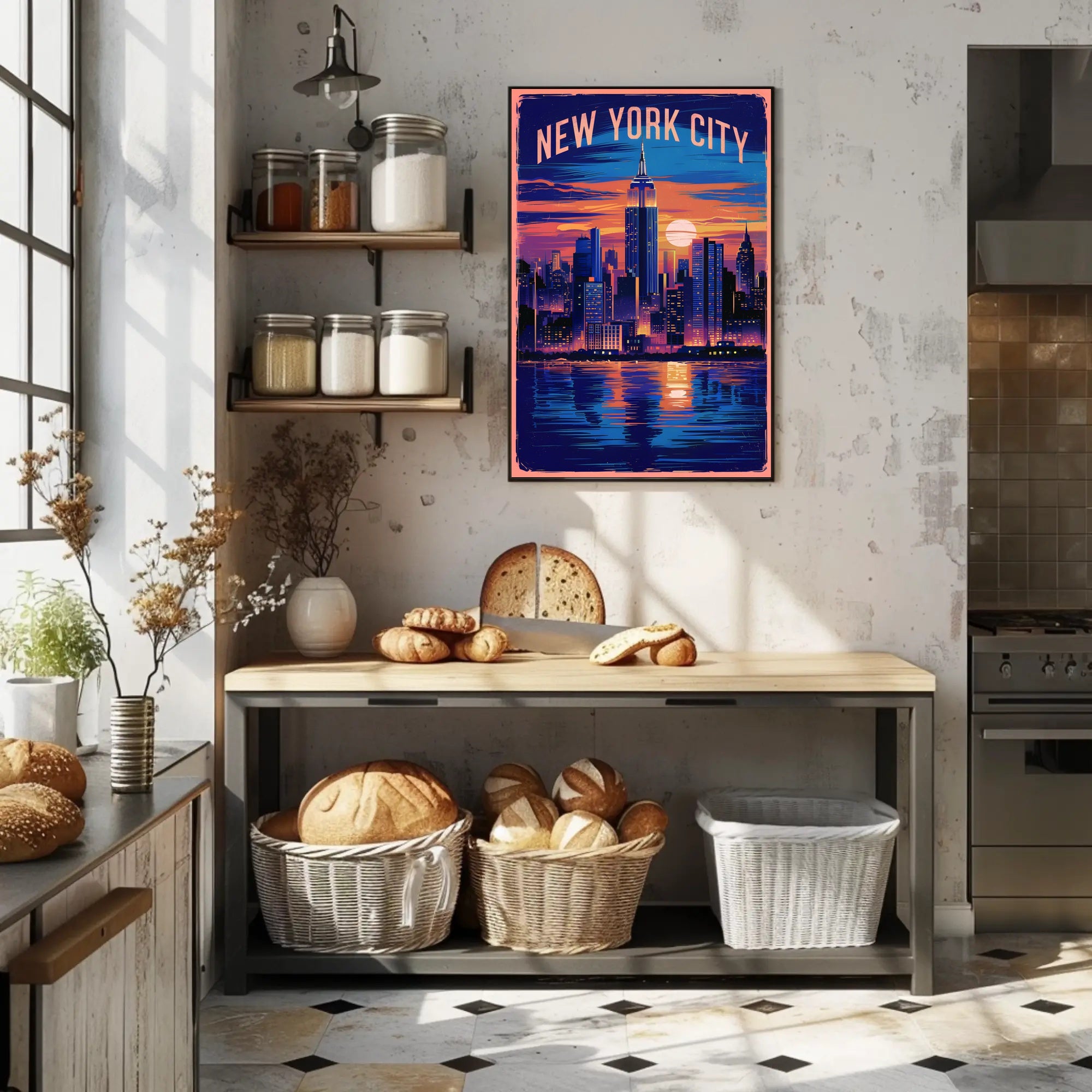New York City Skyline at Sunset Poster Modern Wall Art
