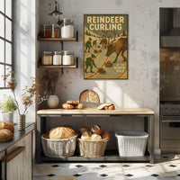 Reindeer Curling at the North Pole Poster