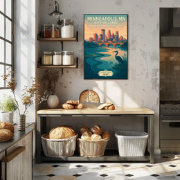 The poster depicts a serene and picturesque representation of Minneapolis, Minnesota, known as Travel Poster