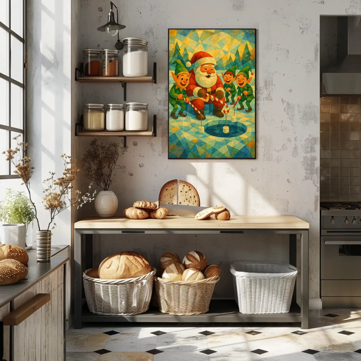 Whimsical Christmas Poster: Santa and Elves Ice Fishing