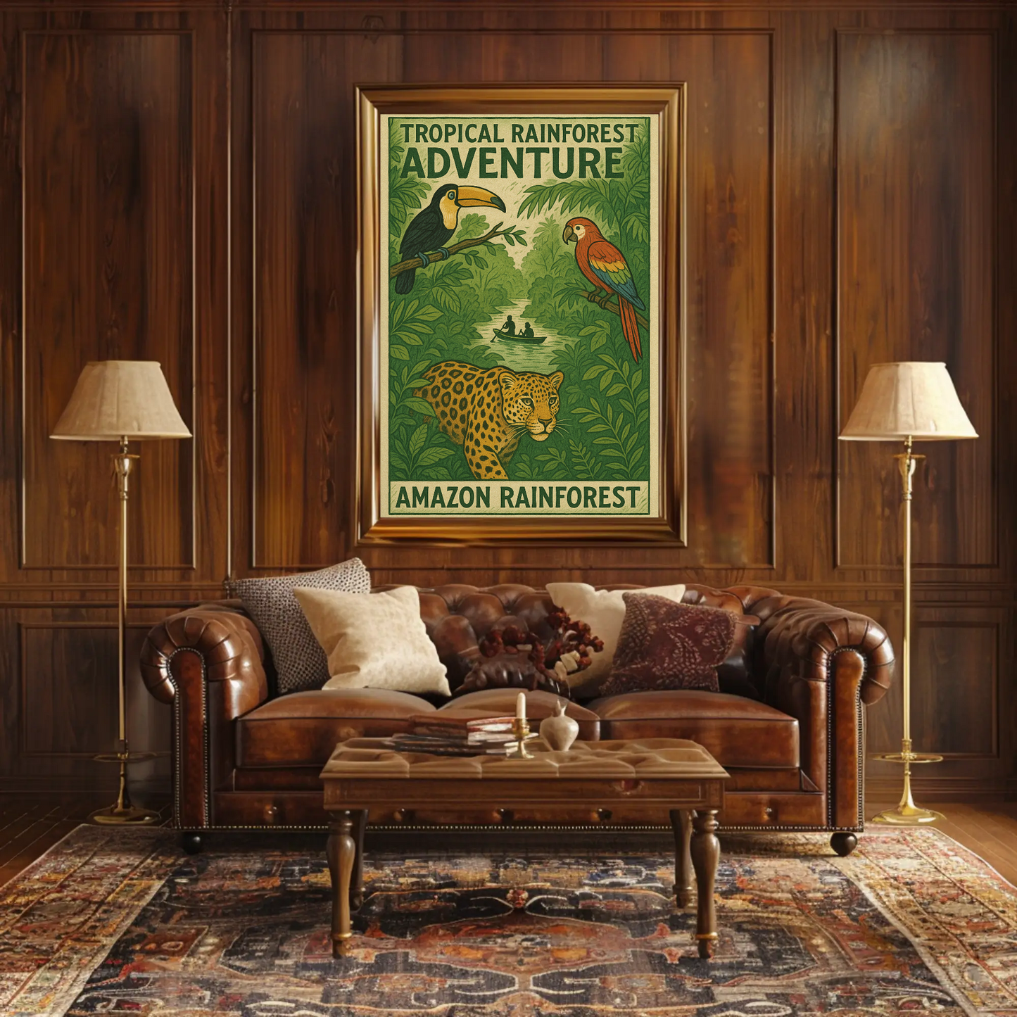 Amazon Rainforest Jaguar Parrots River Poster Poster