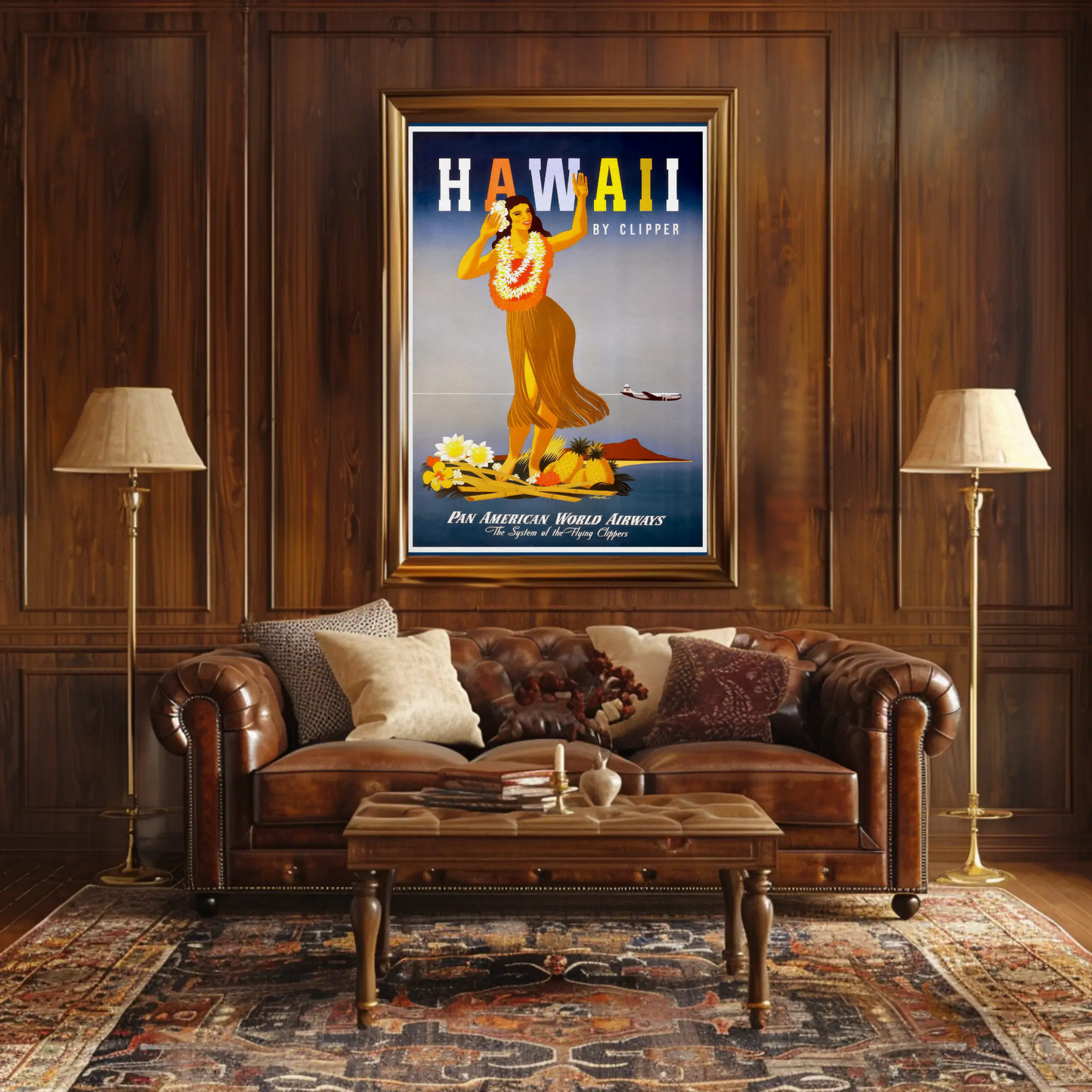 Pan Am Hawaii Hula Dancer Island Sunset Travel Poster