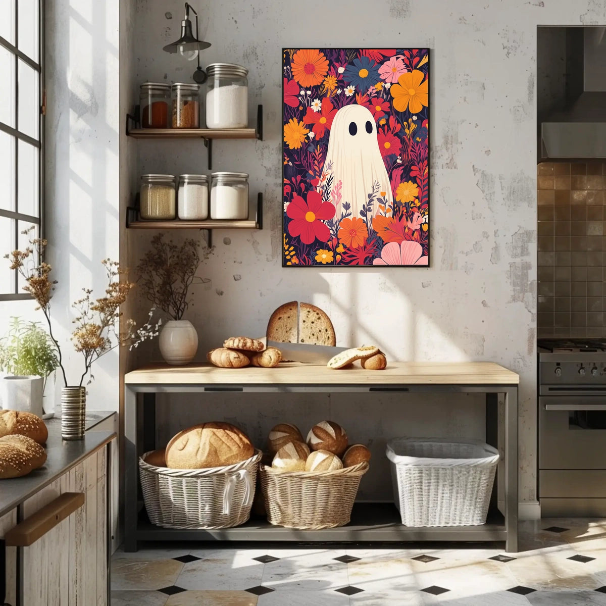 Ghostly Figure Amidst Flowers Whimsical Playful Poster