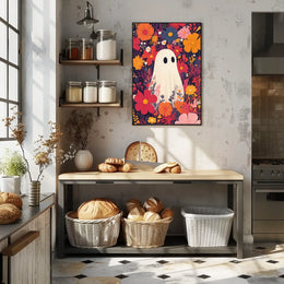 Ghostly Figure Amidst Flowers Whimsical Playful Poster