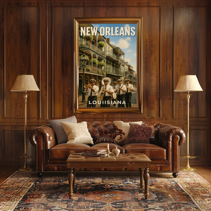 New Orleans Louisiana Jazz Band Balcony Buildings Travel Poster