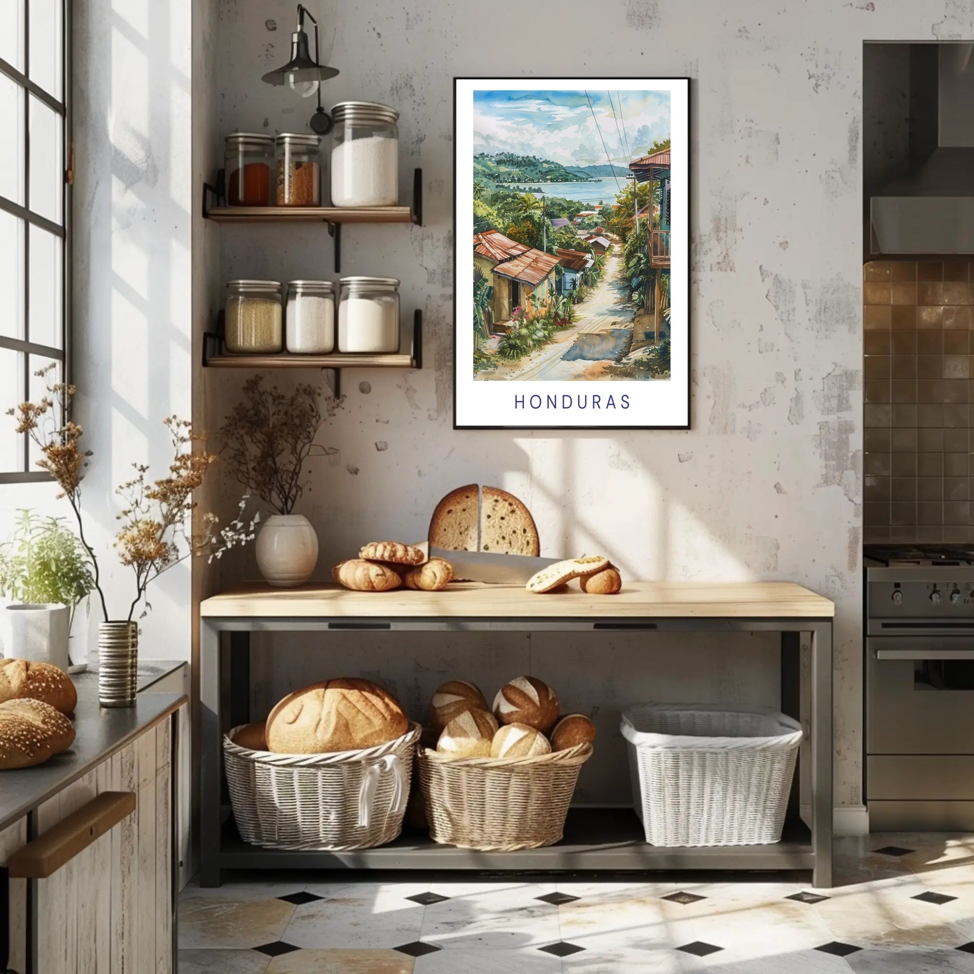 Scenic Honduran Village Watercolor Poster - Travel Poster PosterGoat