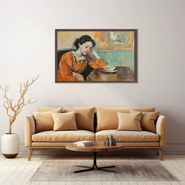 Contemplative Woman in Orange Dress Art Poster