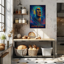 The poster showcases Easter Island, with a focus on the iconic Moai statues, Travel Poster