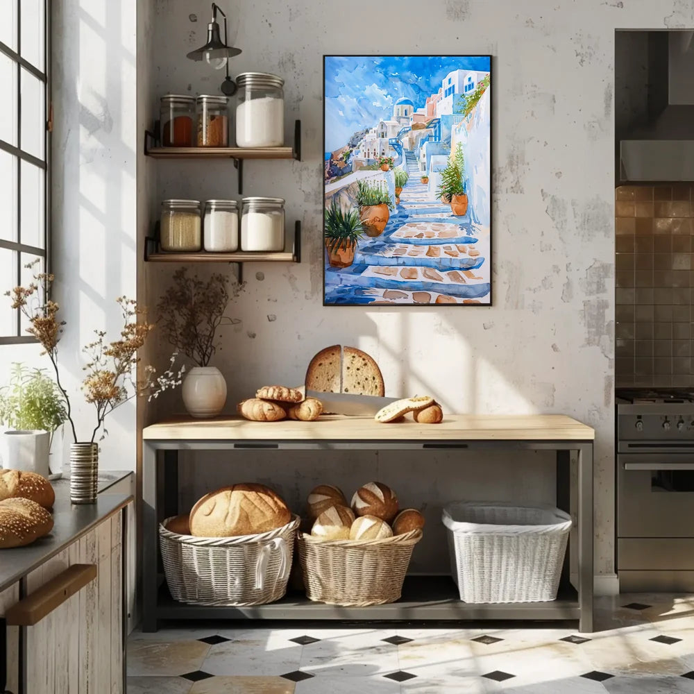 Santorini Serenity: Watercolor Greek Island Poster