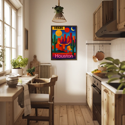 Texas Houston Longhorn Cactus Sunset Cityscape Vintage Travel Poster