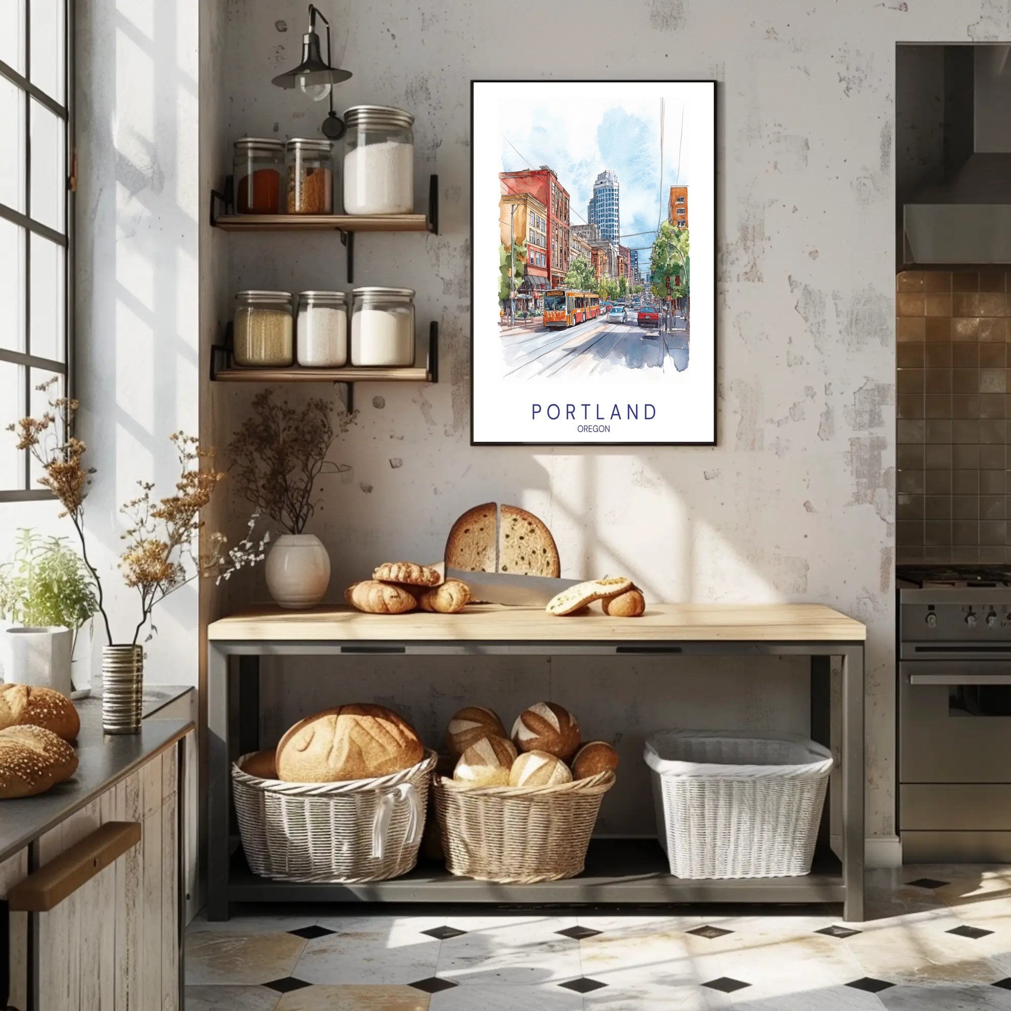 Portland Urban Watercolor Scene Poster - Urban or Cityscape Poster PosterGoat