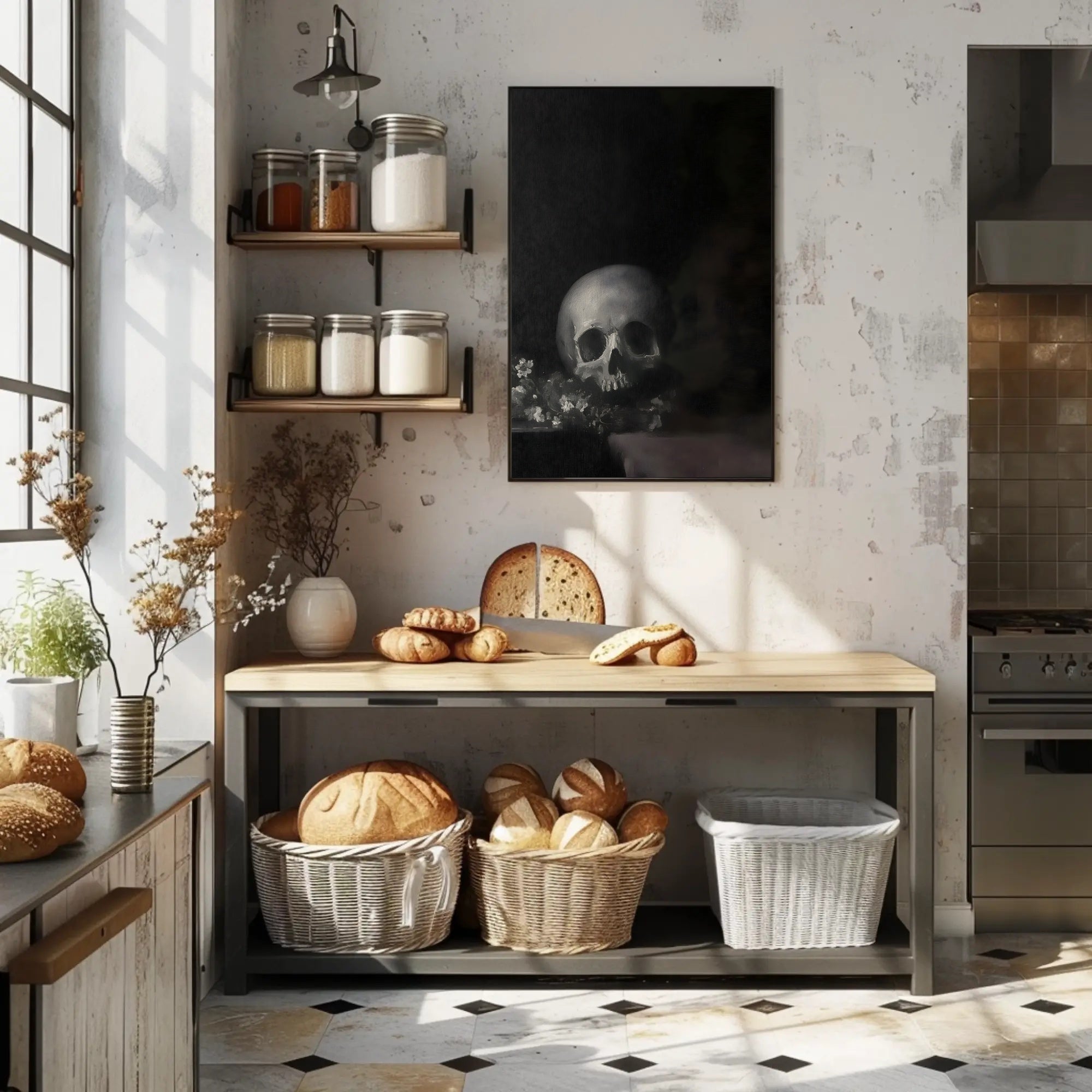 Dark Skull with Flowers: Classical Vanitas Artistic Poster PosterGoat