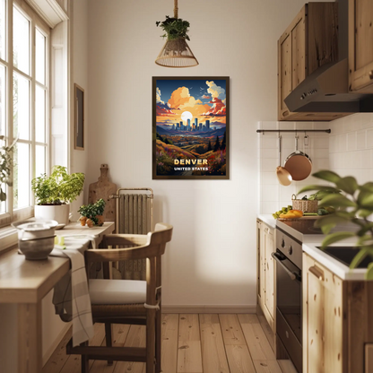 Denver Sunset Skyline Mountains Vintage Travel Poster
