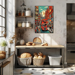 Vibrant Cityscape with Red Bus Poster