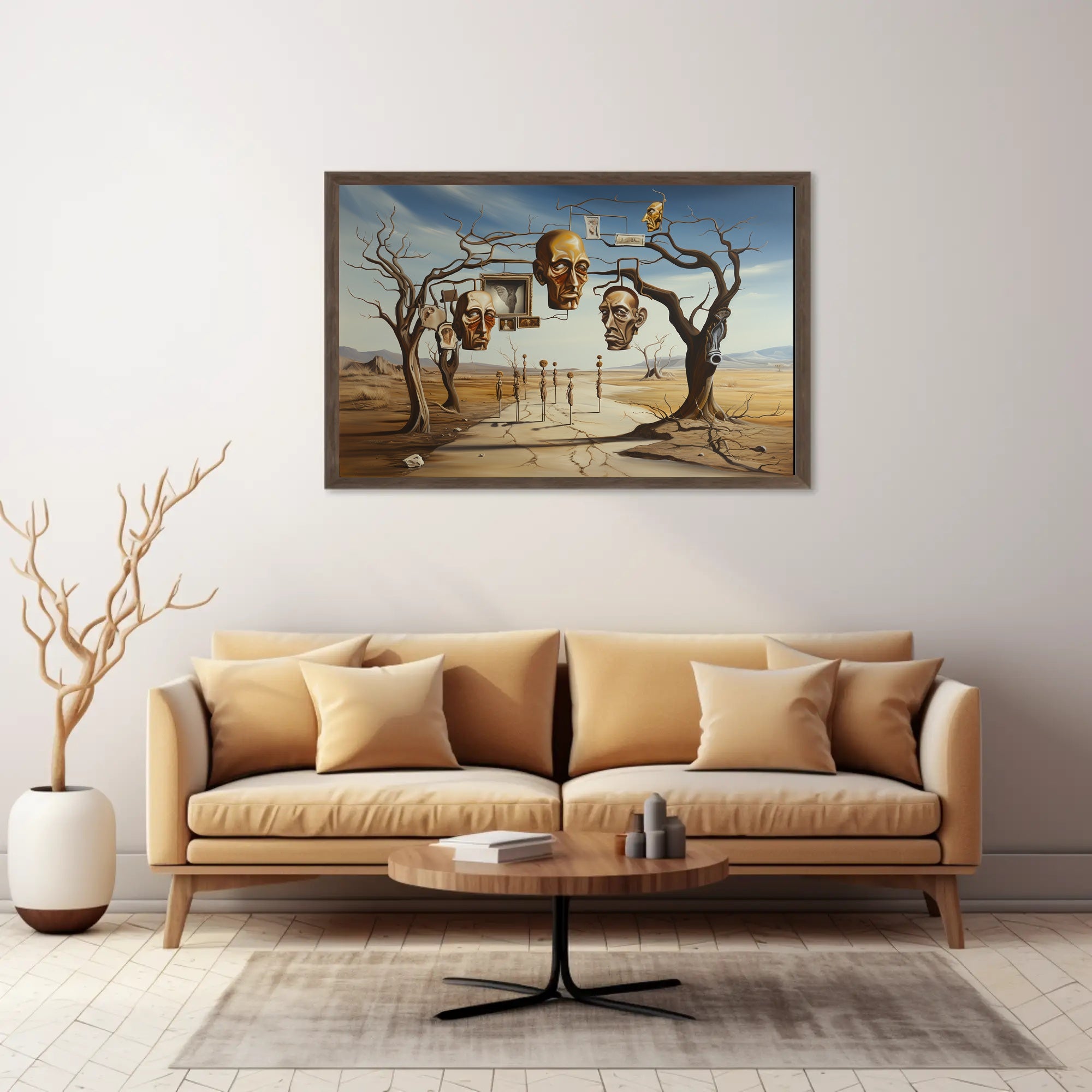 Surreal Desertscape with Floating Bronze Heads Artistic Poster