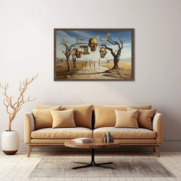 Surreal Desertscape with Floating Bronze Heads Artistic Poster