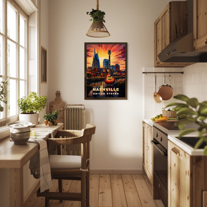 Nashville Tennessee Guitar Sunset Skyline Vintage Travel Poster