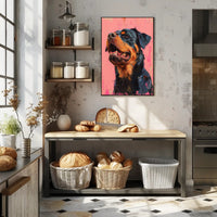 Striking Rottweiler Portrait on Vibrant Pink Dog Breed Poster PosterGoat