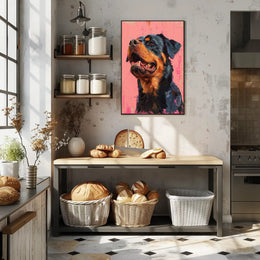 Striking Rottweiler Portrait on Vibrant Pink Dog Breed Poster PosterGoat