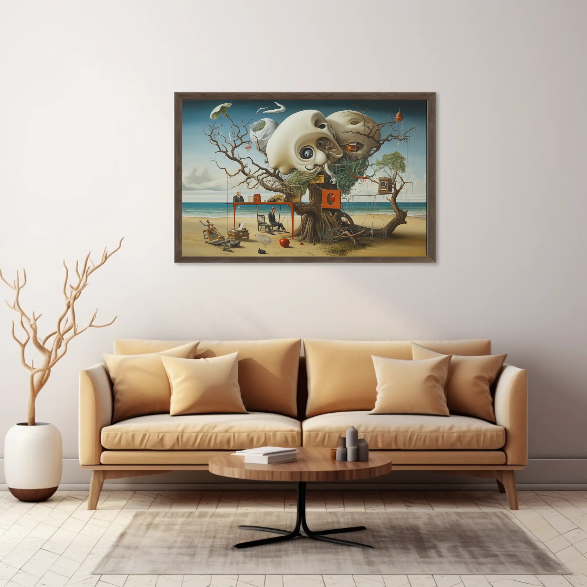 This surreal poster depicts a fantastical scene on a beach setting. Dominating the Travel Poster