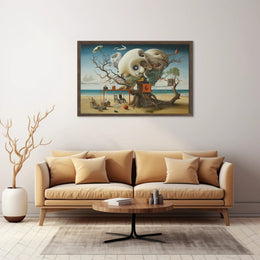 This surreal poster depicts a fantastical scene on a beach setting. Dominating the Travel Poster