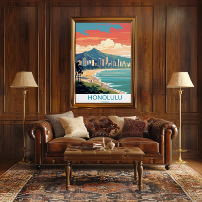 Honolulu Hawaii Sunset Skyline Modern Minimal Travel Poster
