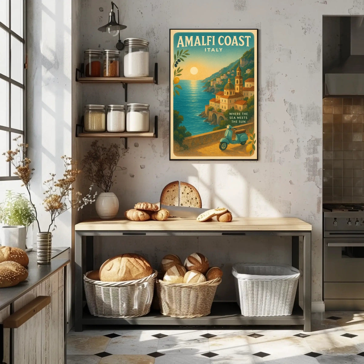 Amalfi Coast Vintage Travel Poster, Sunset Scene