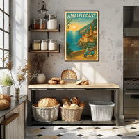 Amalfi Coast Vintage Travel Poster, Sunset Scene