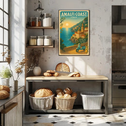 Amalfi Coast Vintage Travel Poster, Sunset Scene
