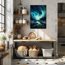 Aurora Borealis Over Snowy Mountains Poster