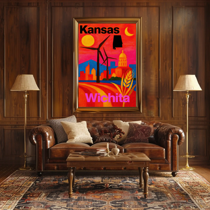 Wichita Kansas Windmills Capitol Landscape Travel Poster