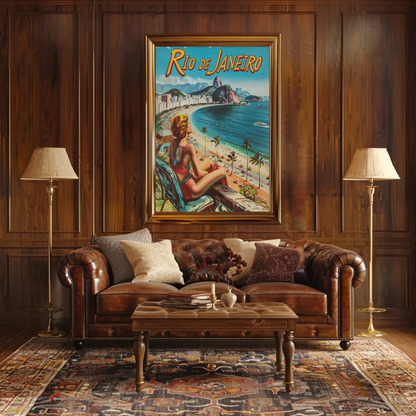 Rio Janeiro Beach View Retro Woman Vacation Travel Poster Travel Poster