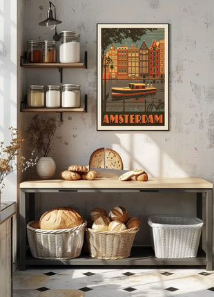 Amsterdam Vintage Travel Poster Depicting Retro Canal Scene