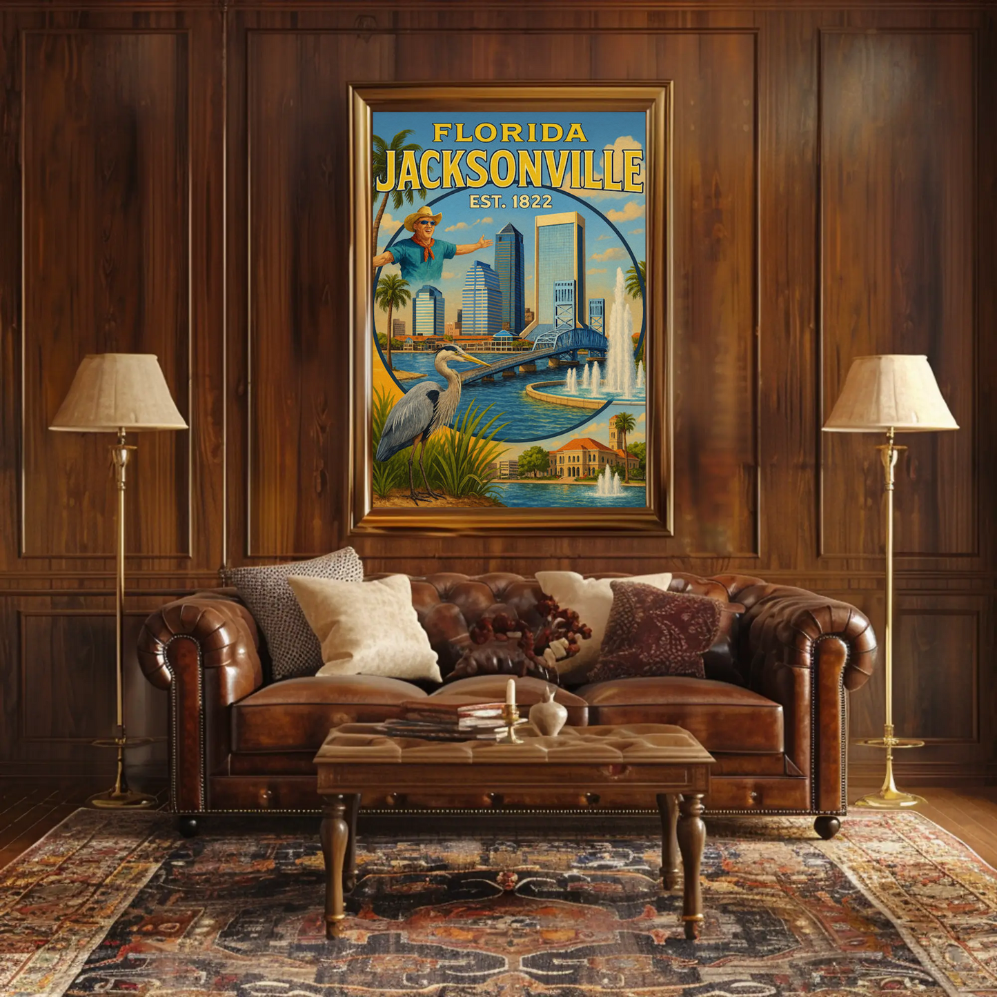 Jacksonville Florida Fishing Bridge Skyline Travel Poster