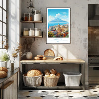 Naples Architecture with Mount Vesuvius Travel Poster