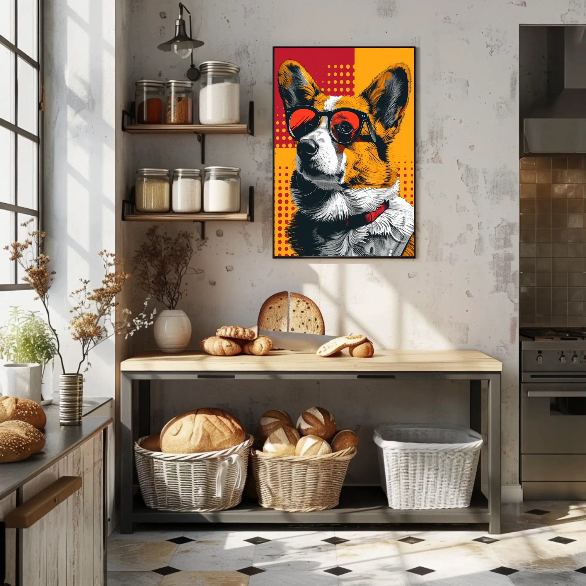 Stylized Corgi Dog with Sunglasses Pop Culture Poster PosterGoat
