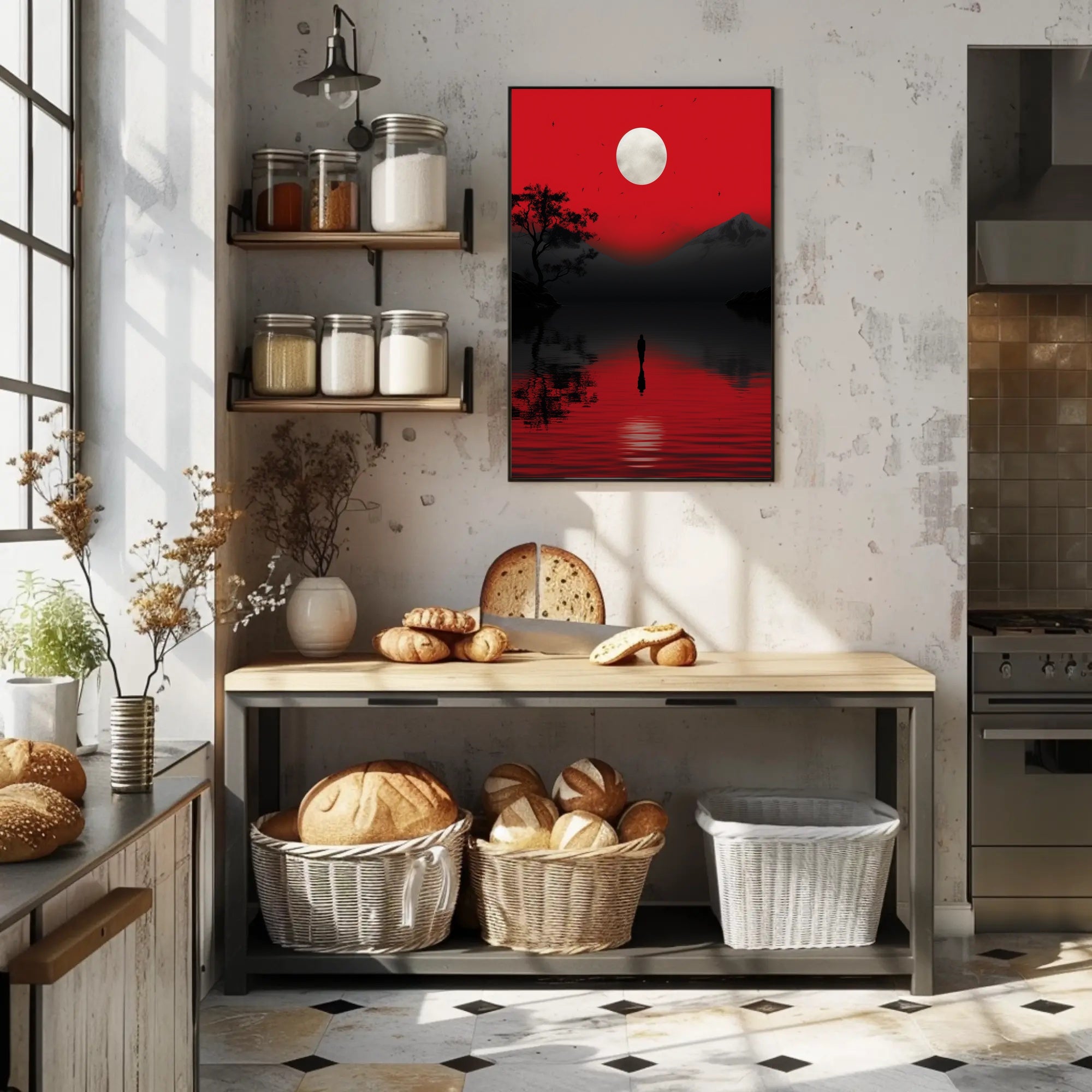 Solitary Reflection Under A Crimson Sky Poster