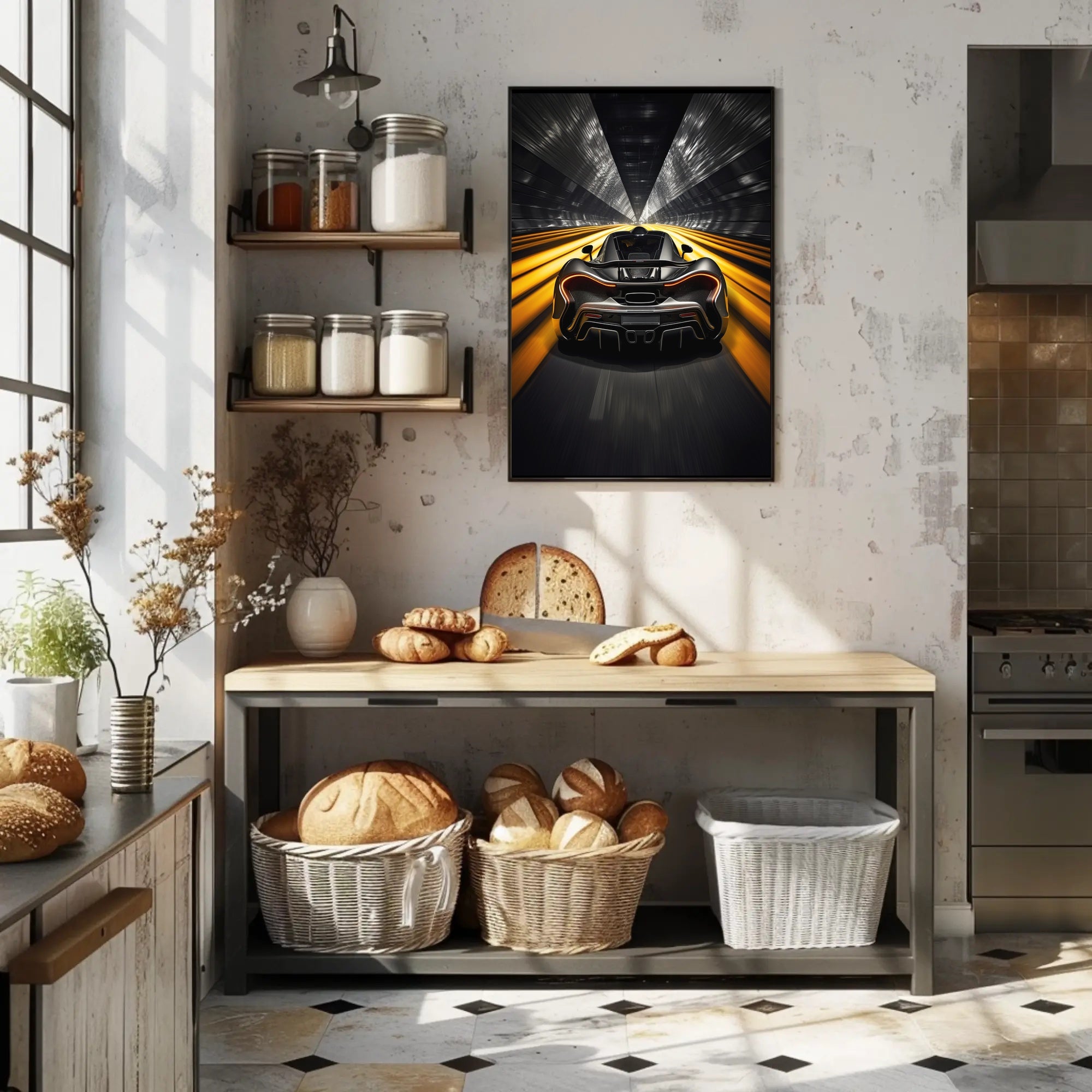 High-Speed Sports Car in Futuristic Tunnel Sports Poster